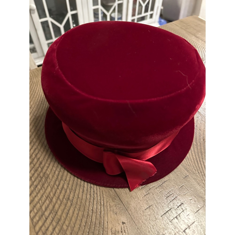Vintage Deep Red Velvet Top Hat Pillbox Style with Satin Bow - 6" Height